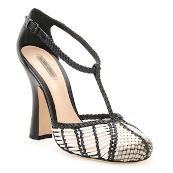 Woven-Leather T-Strap Pump
