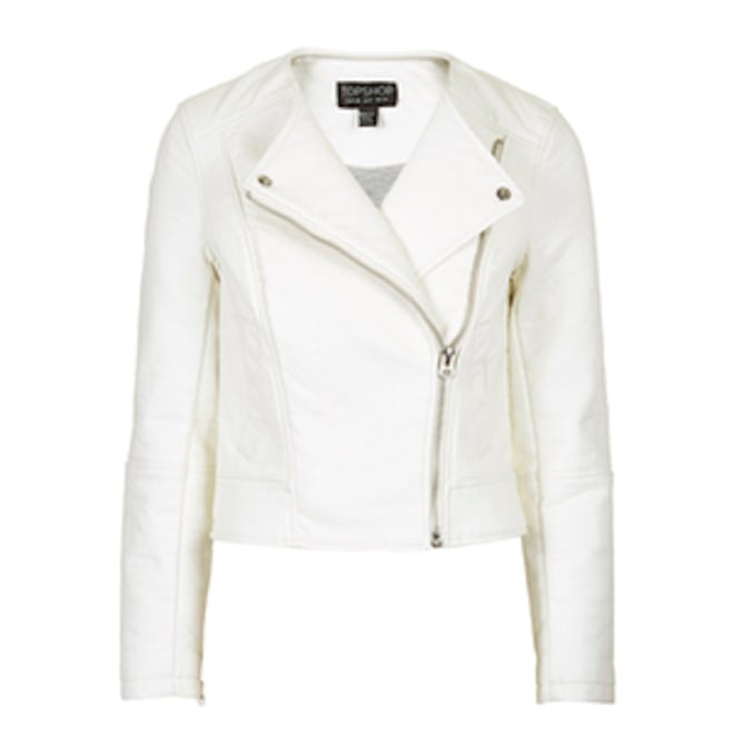 Faux Leather Collarless Biker Jacket