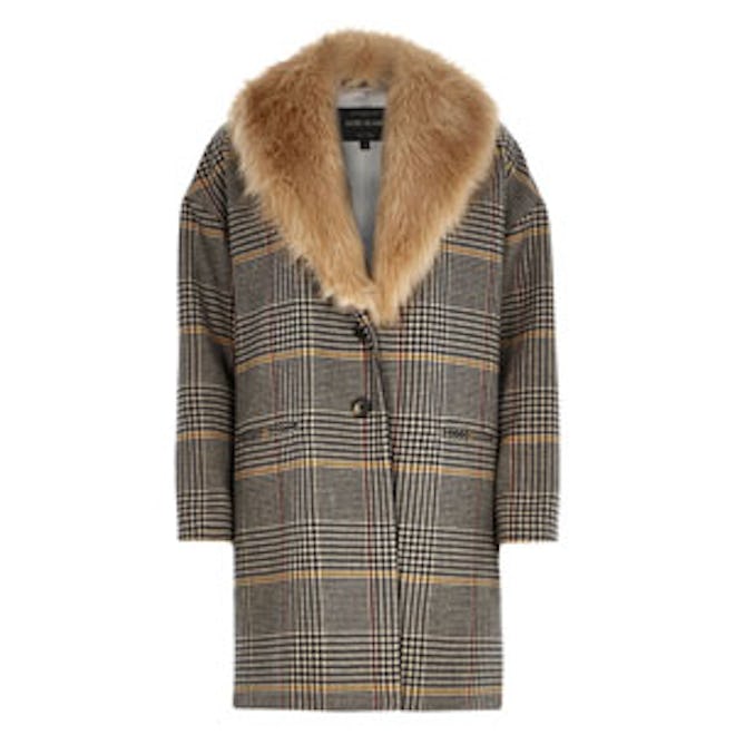 Brown Check Faux Fur Collar Coat