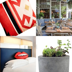 Collage of a pillow, bed, bar garden, and a plant vase