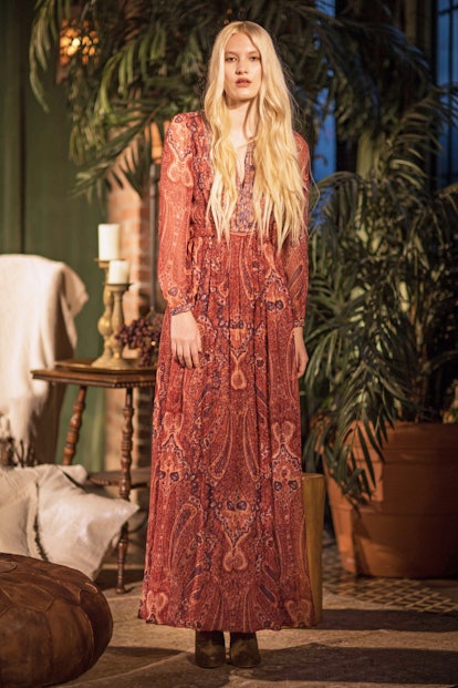 A model posing in Joie's paisley dress
