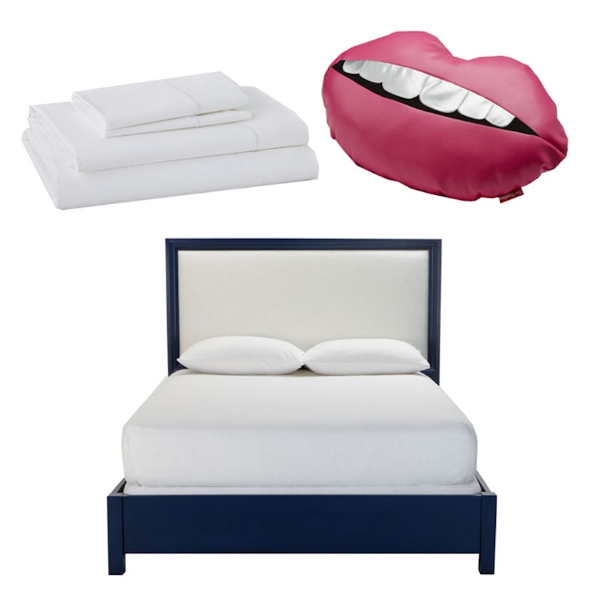 Collage of a satin stitch sheet set, lip pillow, and a Fairmont bed 