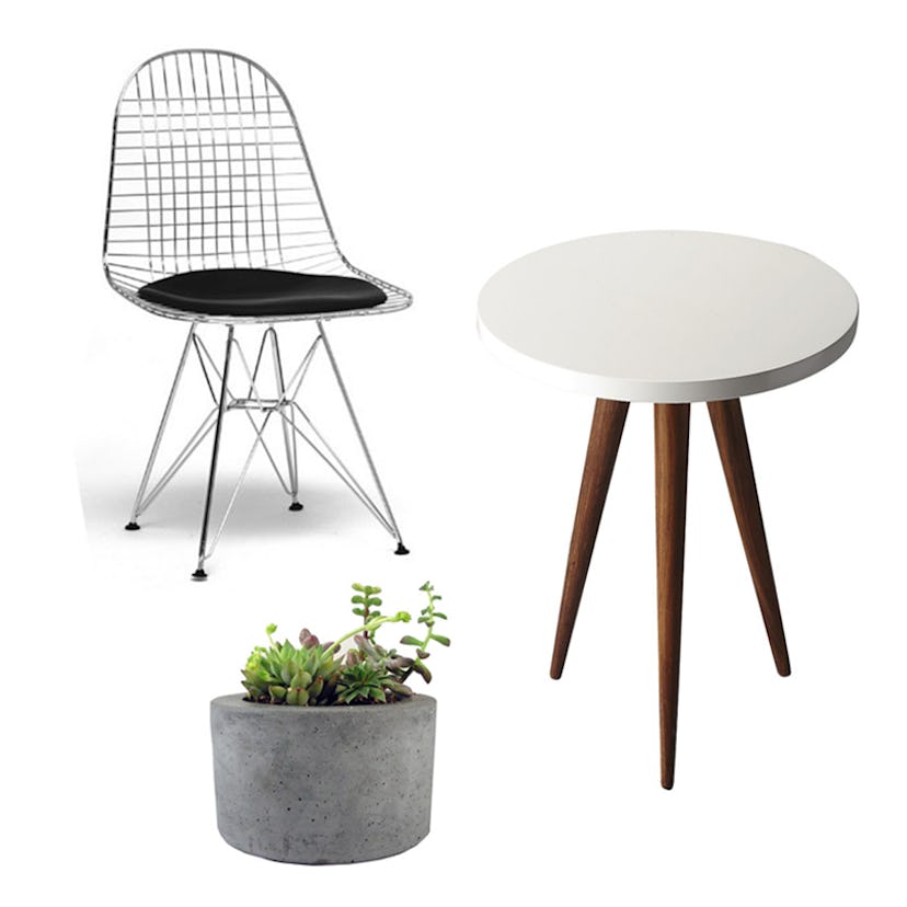Jessa side table, round concrete planter, and an Avery modern wire chair