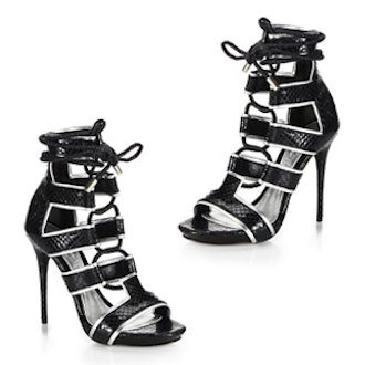 Ankle-Tie Snake-Embossed Leather Sandals