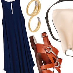 A dark blue maternity dress, golden bangle, brown strappy sandals and a beige bag