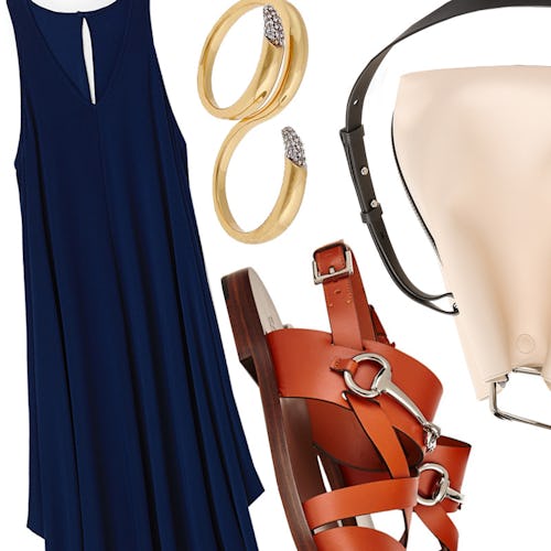A dark blue maternity dress, golden bangle, brown strappy sandals and a beige bag