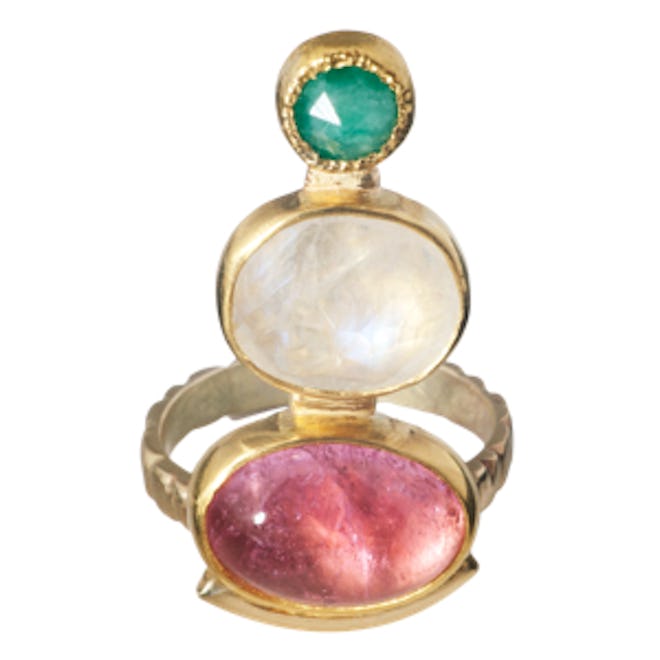 Yellow Gold, Pink Tourmaline, Moonstone And Emerald Ring