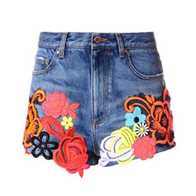 Lace-Embroidered Denim Shorts