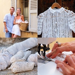 A collage of a couple holding a basket with crochet clothing, a white crochet tunic, crochet table c...