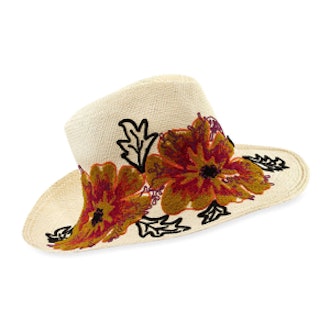 Floral-Embroidered Straw Canvas Hat