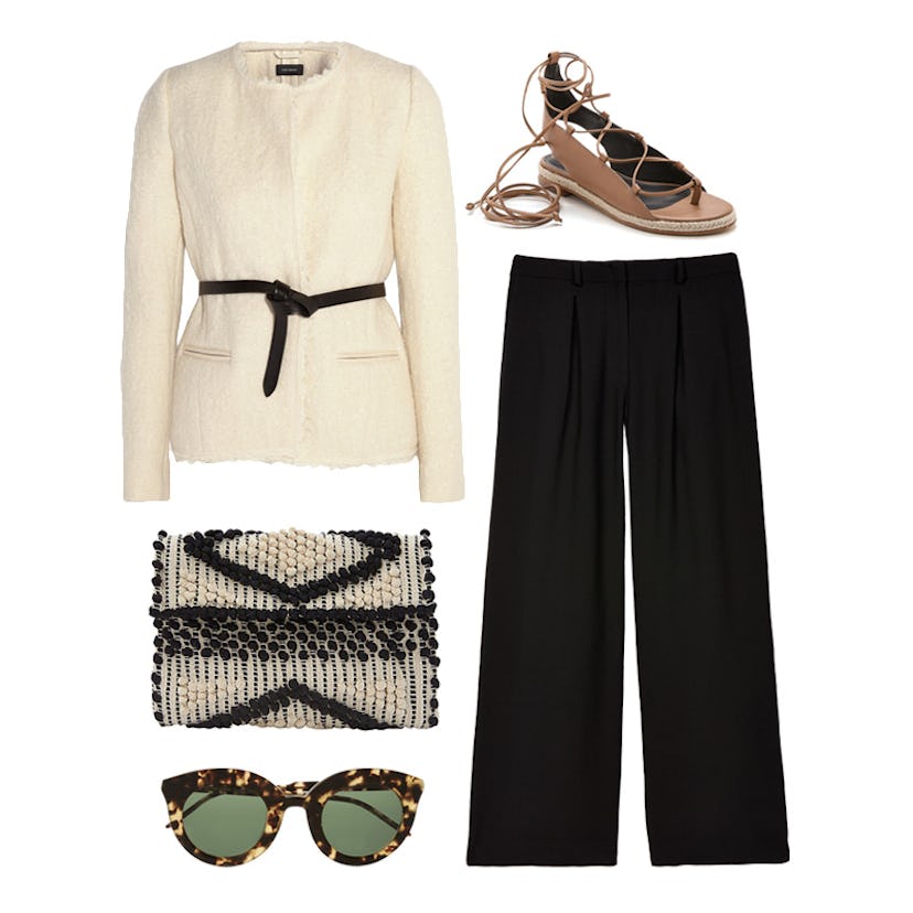 A white jacket, black pants, a brown sandal, sunglasses, and a clutch on a white background