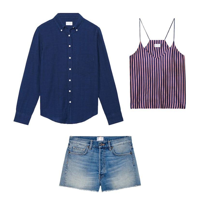 The Perfect Staycation Wardrobe: Indigo Oxford Shirt, Red Stripe Silk Top, Denim Shorts