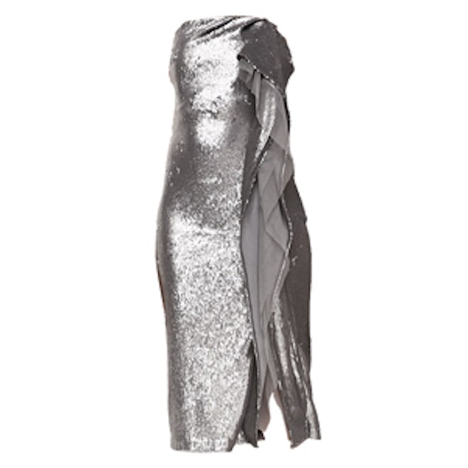 Strapless Sequined Cascading-Ruffle Dress