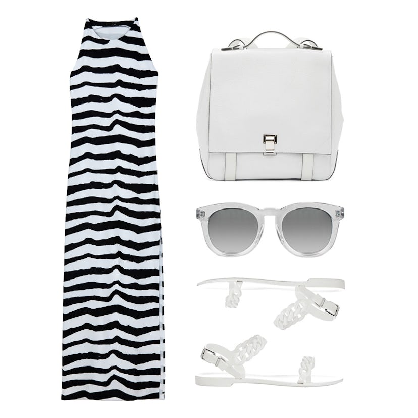 Pomme maxi black and white dress, a white bag, white sunglasses, and white sandals on a white backgr...