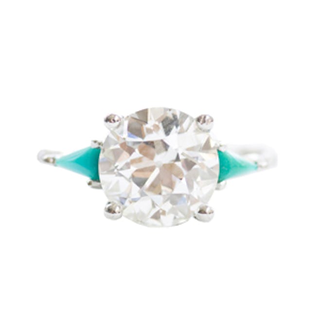 2.02 Carat Round Cut Diamond, Turquoise & Platinum Ring