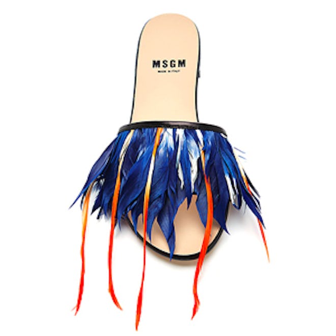 Flat Leather Slide Sandals With Feathers