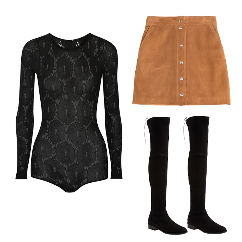 Open-Knit Cashmere Bodysuit, Suede Mini Skirt, and Lowland Over-the-Knee Boots