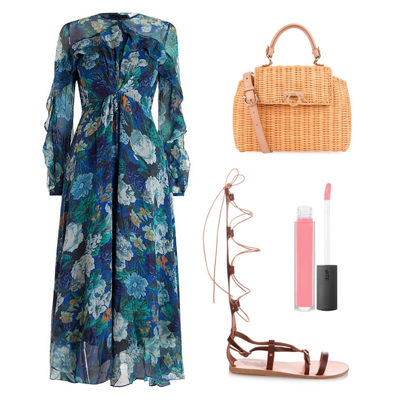 A blue esplanade flute dress, a high gladiator sandal, a lip gloss, and a brown tote 