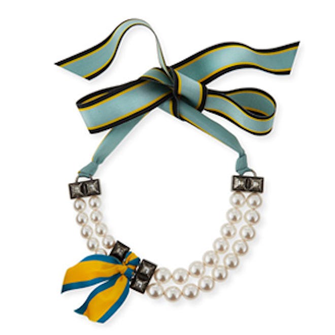 Short Striped Grosgrain Pearly Bib Necklace