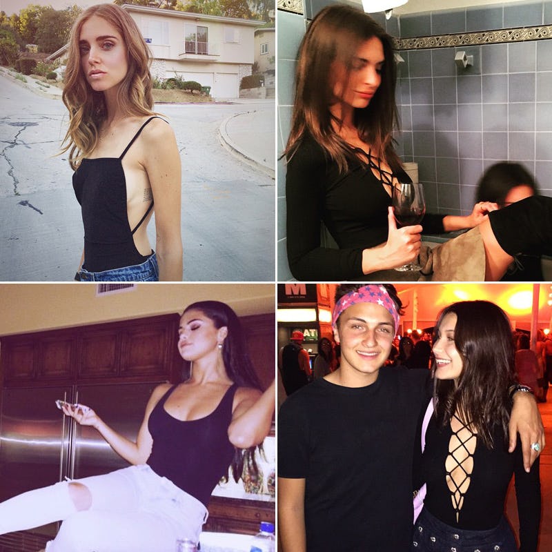 A four-part collage with celebrities wearing black bodysuits