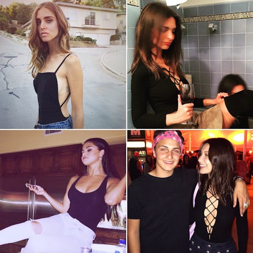 A four-part collage with celebrities wearing black bodysuits