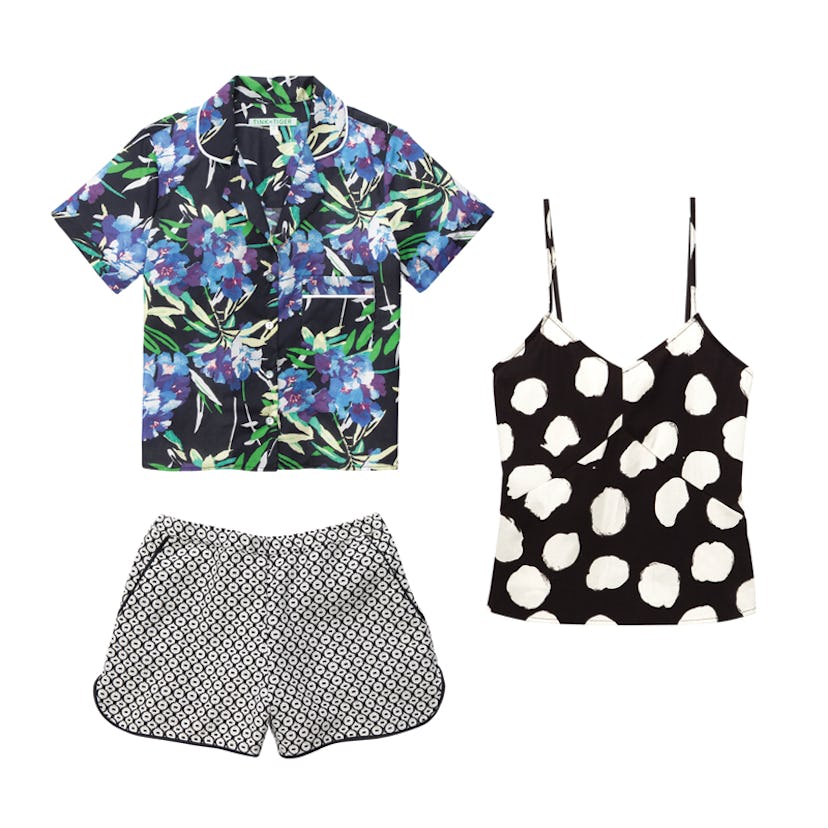 Tiger short in woven geometric, Amelia shirt in marquesas floral, and Louisa cami in abstract dot