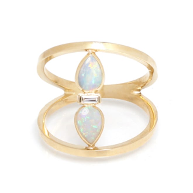 Open-Bar Ring with Teardrop Opals and Diamond Baguette