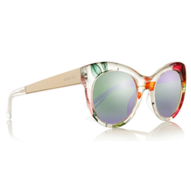Cat-Eye Printed Acetate and Metal Mirrored Sunglasses