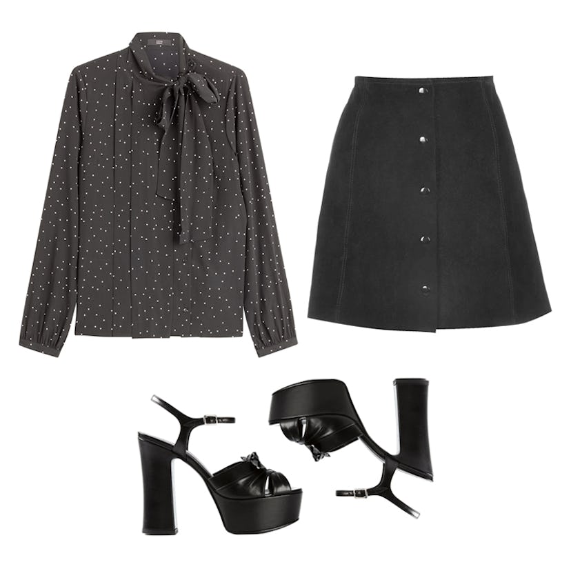 A black silk blouse, a black skirt, and black candy sandals on a white background