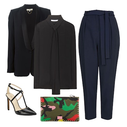 Zip pouch, t-strap point toe pumps, blouse, blazer, and trousers