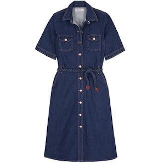 70s Denim Dress Braid-Belted Shirt Dress