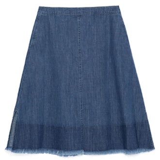 Mid-Length Frayed Denim Skirt