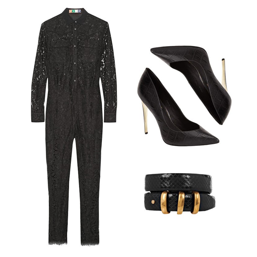 The Cool Girl’s Guide to Lace: Via Pointy Toe Pump, Python Belt, Crepe-Trimmed Lace Jumpsuit