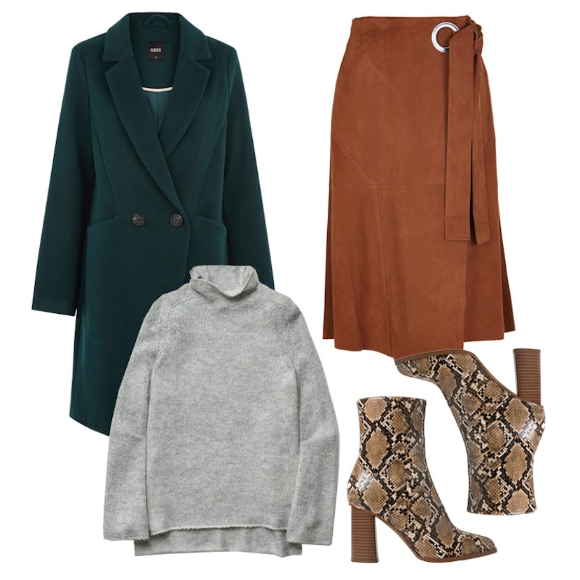 Suede Wrap Skirt, Alex Seamed Coat, Cargill Sweater, and Snake-Finish Ankle Boots