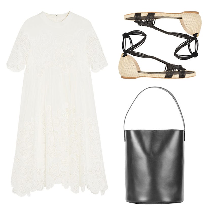 The Cool Girl’s Guide to Lace: Leather Bucket Bag, Macramè And Jute Sandals, Macramé Lace-Paneled Si...