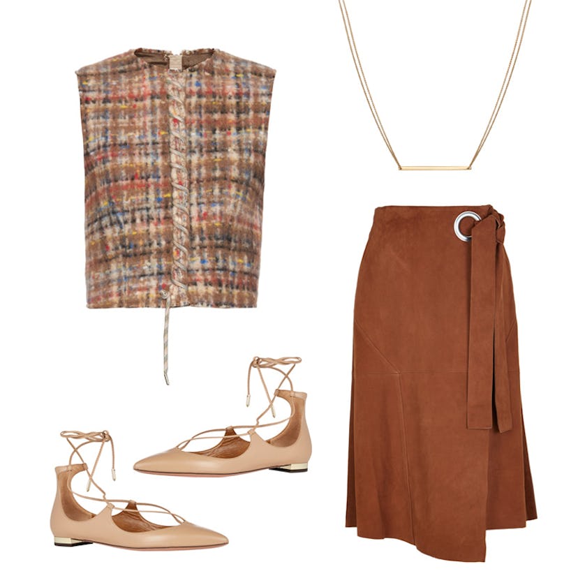 Suede Wrap Skirt, Tonia Brushed-Wool Crop Top, Gold-Bar Necklace, and Lace-Up Flats