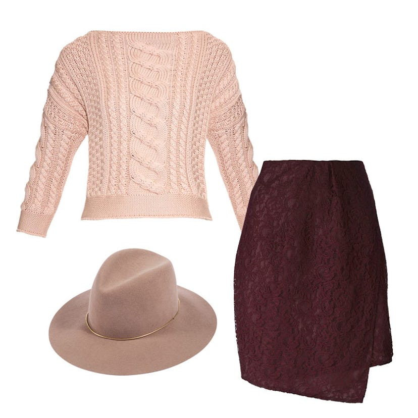 The Cool Girl’s Guide to Lace: Beige Lassen Almond Hat, Burgundy Lace Wrap Skirt, Pink Rana Sweater 