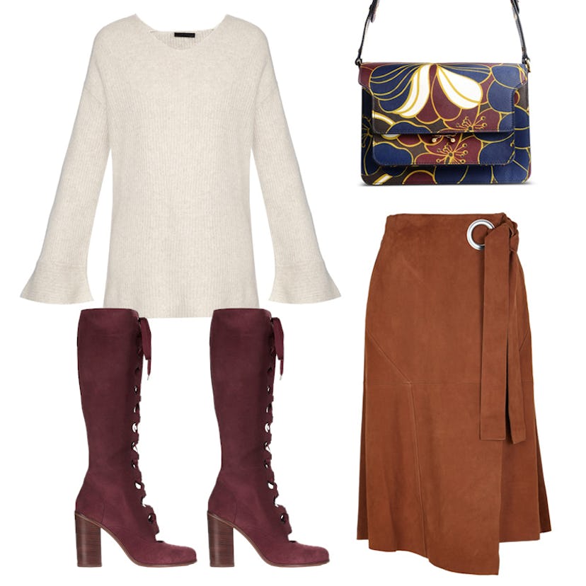 Suede Wrap Skirt, Mahalia Cashmere Sweater, Medium Leather Printed Handbag, and Crow Ghillie High-Le...