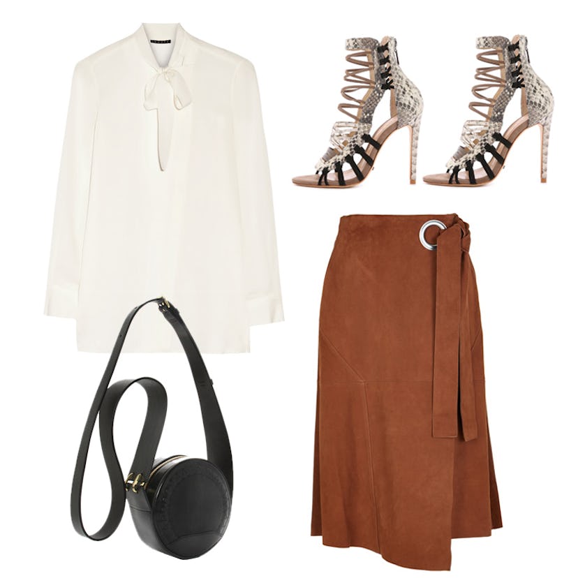 Suede Wrap Skirt, Alix Circle Cross-Body Bag, Yumcha Pussy-Bow Blouse, and Ermmana Sandals