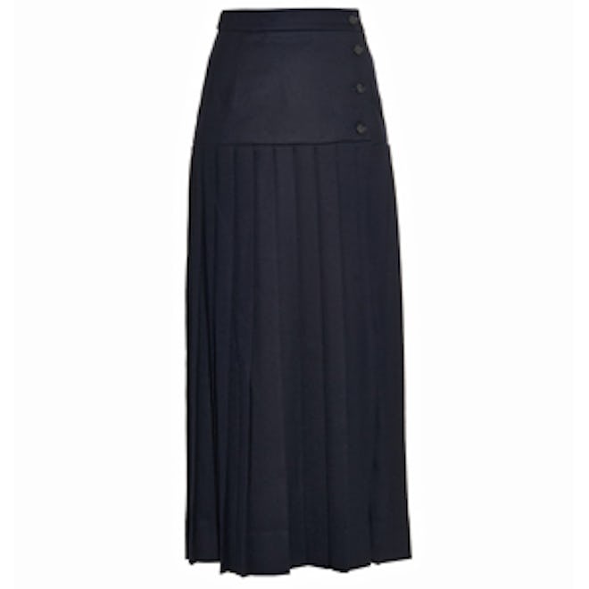 Buttoned Pleated Wool Midi Skirt