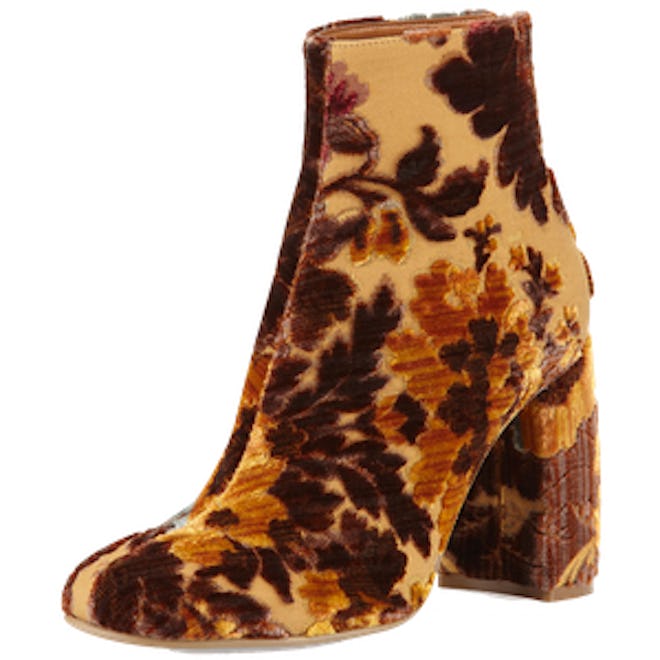 Floral-Print Velvet Ankle Bootie