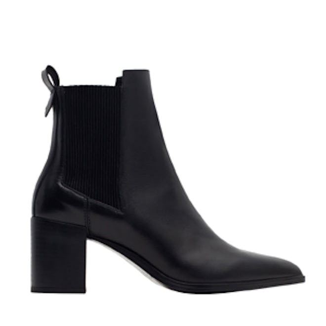 Block Heel Leather Ankle Boots With Stretch Detail