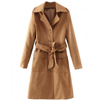 Belted Waist Faux Suede Trench Coat