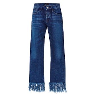 Denim Cropped Jeans With Frayed Fringed Hems