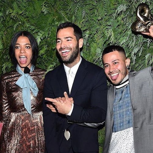The winners of The CFDA/Vogue Fashion Fund Rio Uribe, Jonathan Simkhai and Aurora James posing for a...