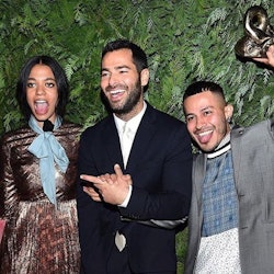 The winners of The CFDA/Vogue Fashion Fund Rio Uribe, Jonathan Simkhai and Aurora James posing for a...
