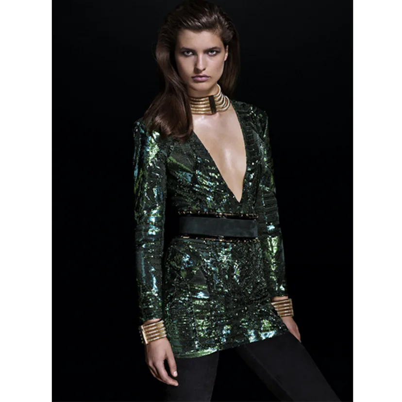 balmain h and m green dress BALMAIN X H&M Collection Launch - Arrivals - 2015-10-21