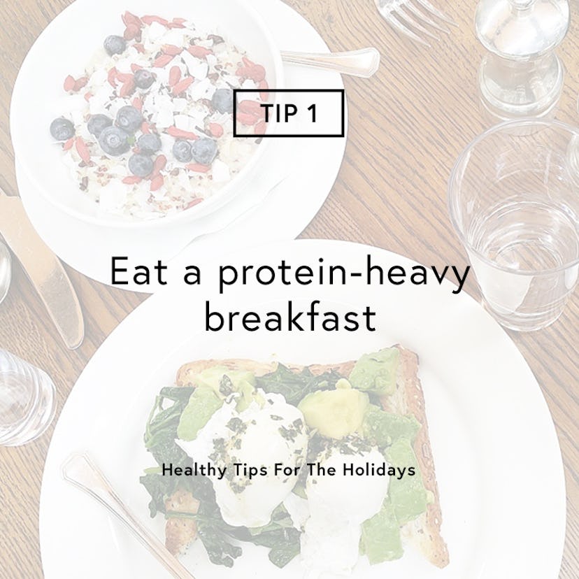 "TIP 1 Eat a protein-heavy breakfast" text sign