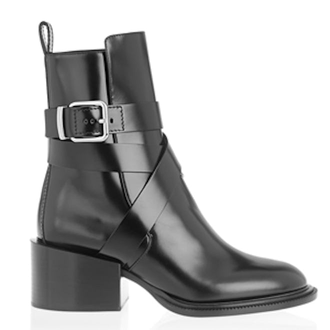 Buckled Glossed Leather Ankle Boots
