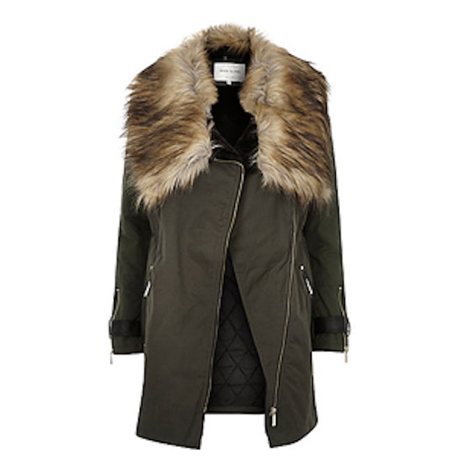 Khaki Faux Fur Trim Parka Coat